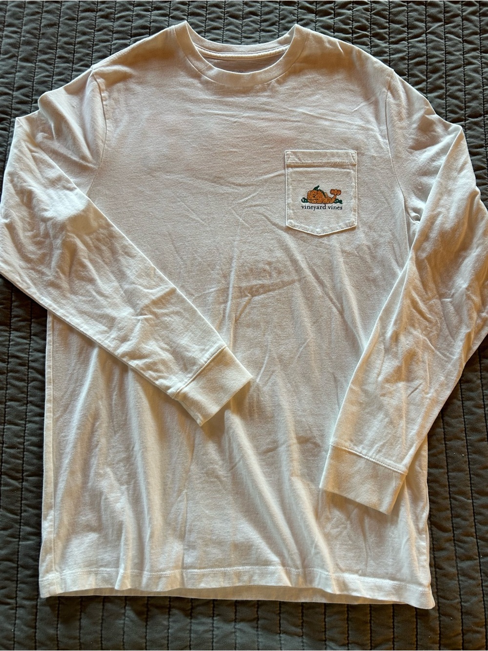 Vineyard Vines White Long-Sleeve Pocket Tee with Pumpkins Detail